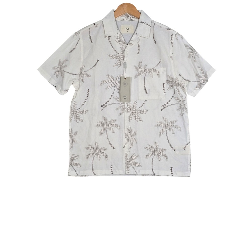 NWT Folk Men's Coast Palm Tree Print Short Sleeve Shirt White Medium